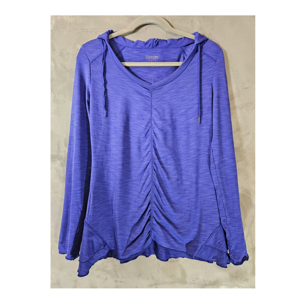 Calvin Klein Size L Blue/Purple Quick Dry Hooded Ruched Pullover